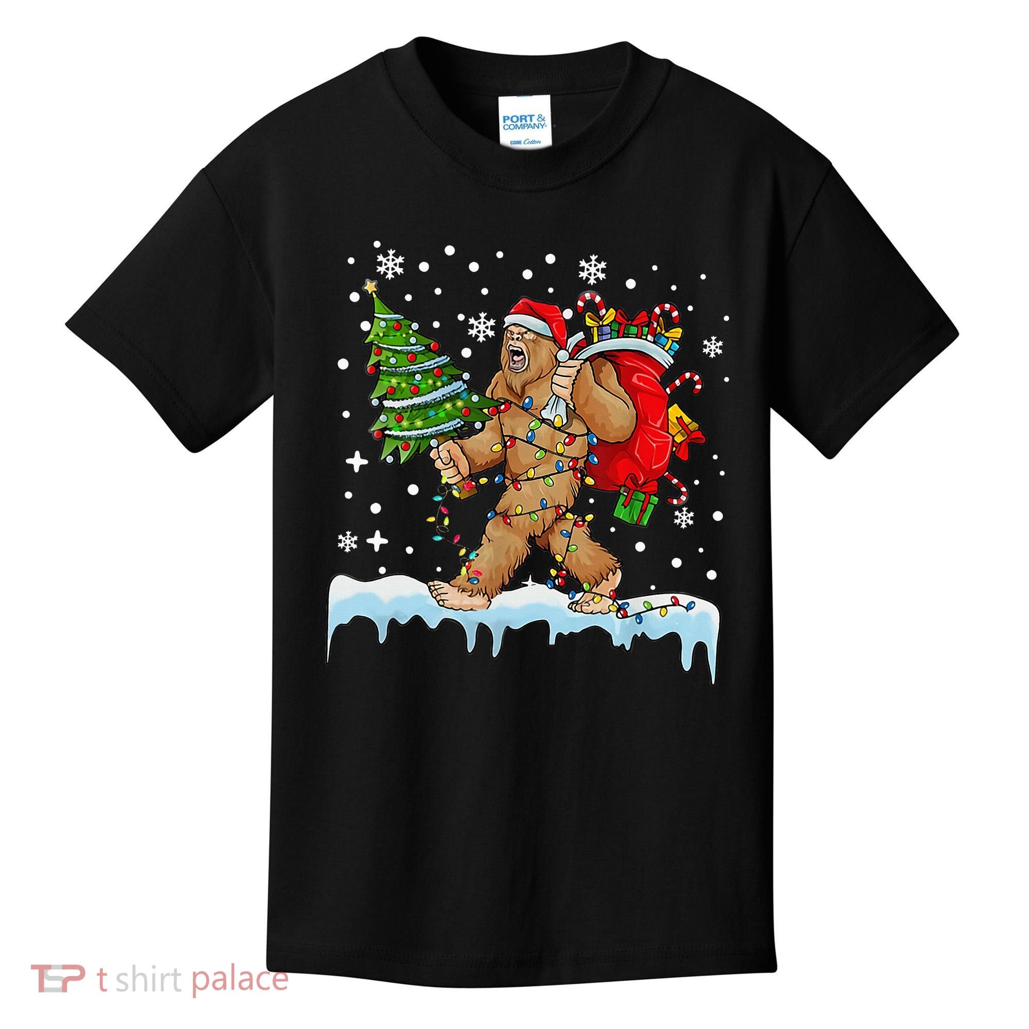 Bigfoot Christmas Tree Lights Xmas Sasquatch Lovers Kids T-Shirt