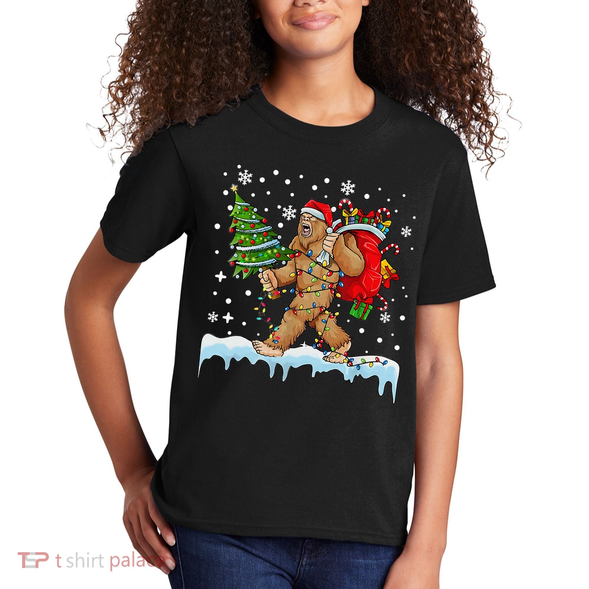 Bigfoot Christmas Tree Lights Xmas Sasquatch Lovers Kids T-Shirt