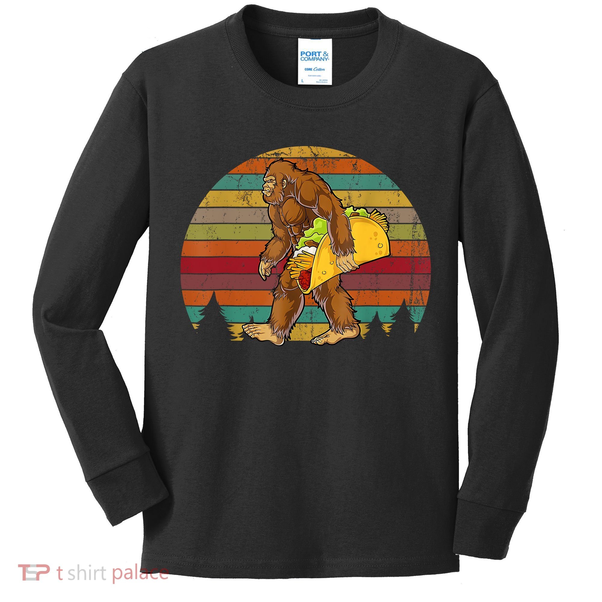 Bigfoot Carrying Taco Funny Cinco De Mayo Boy Men Sasquatch Kids Long Sleeve Shirt