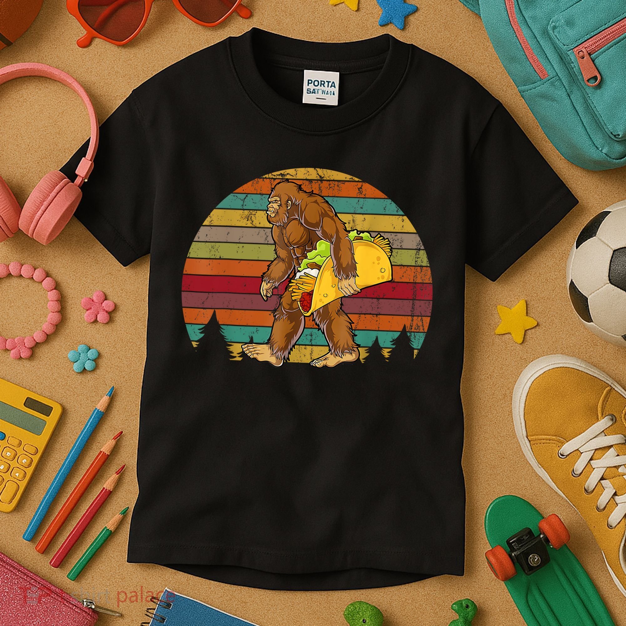Bigfoot Carrying Taco Funny Cinco De Mayo Boy Men Sasquatch Kids T-Shirt