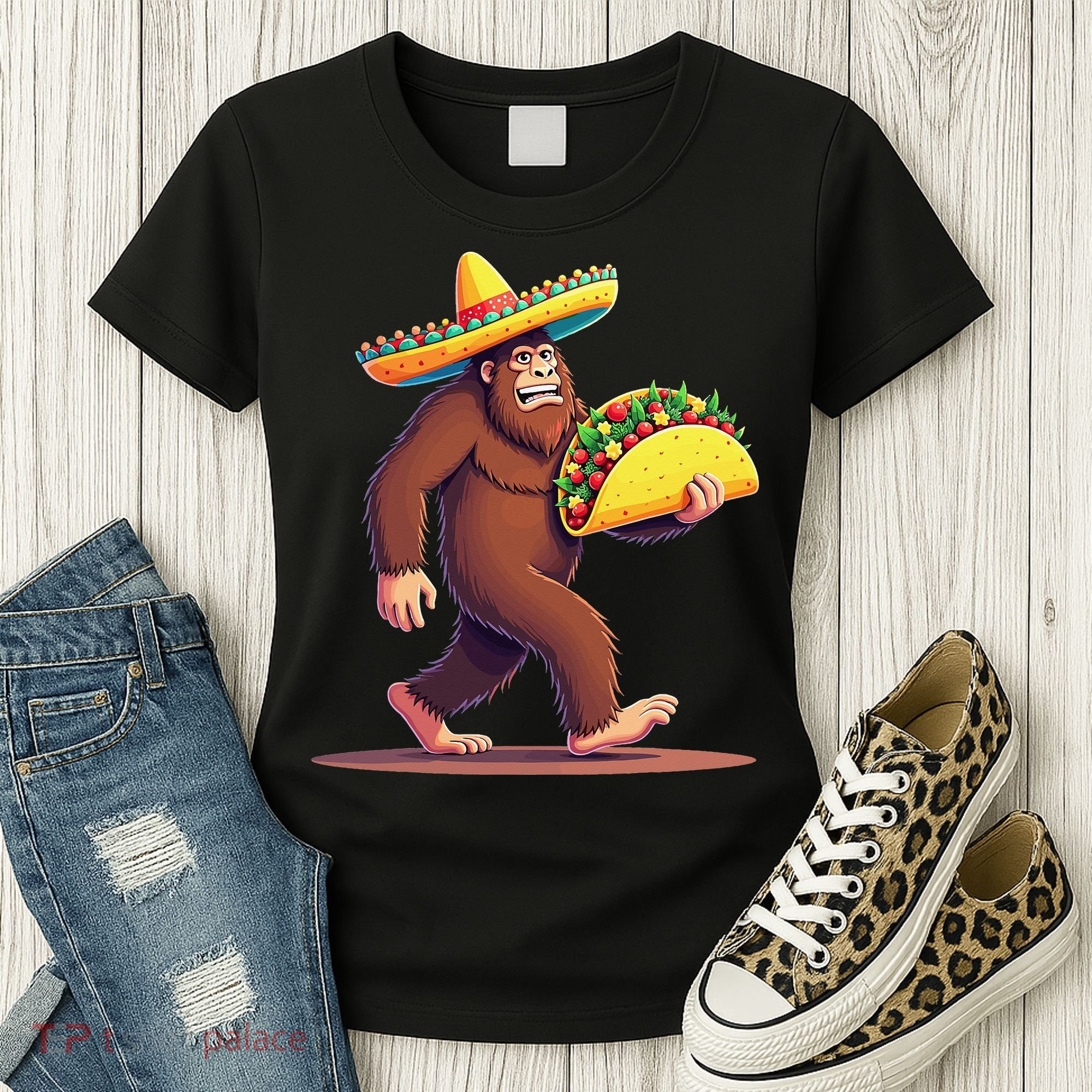 Bigfoot Carrying Taco Funny Cinco De Mayo Sombrero Women's T-Shirt