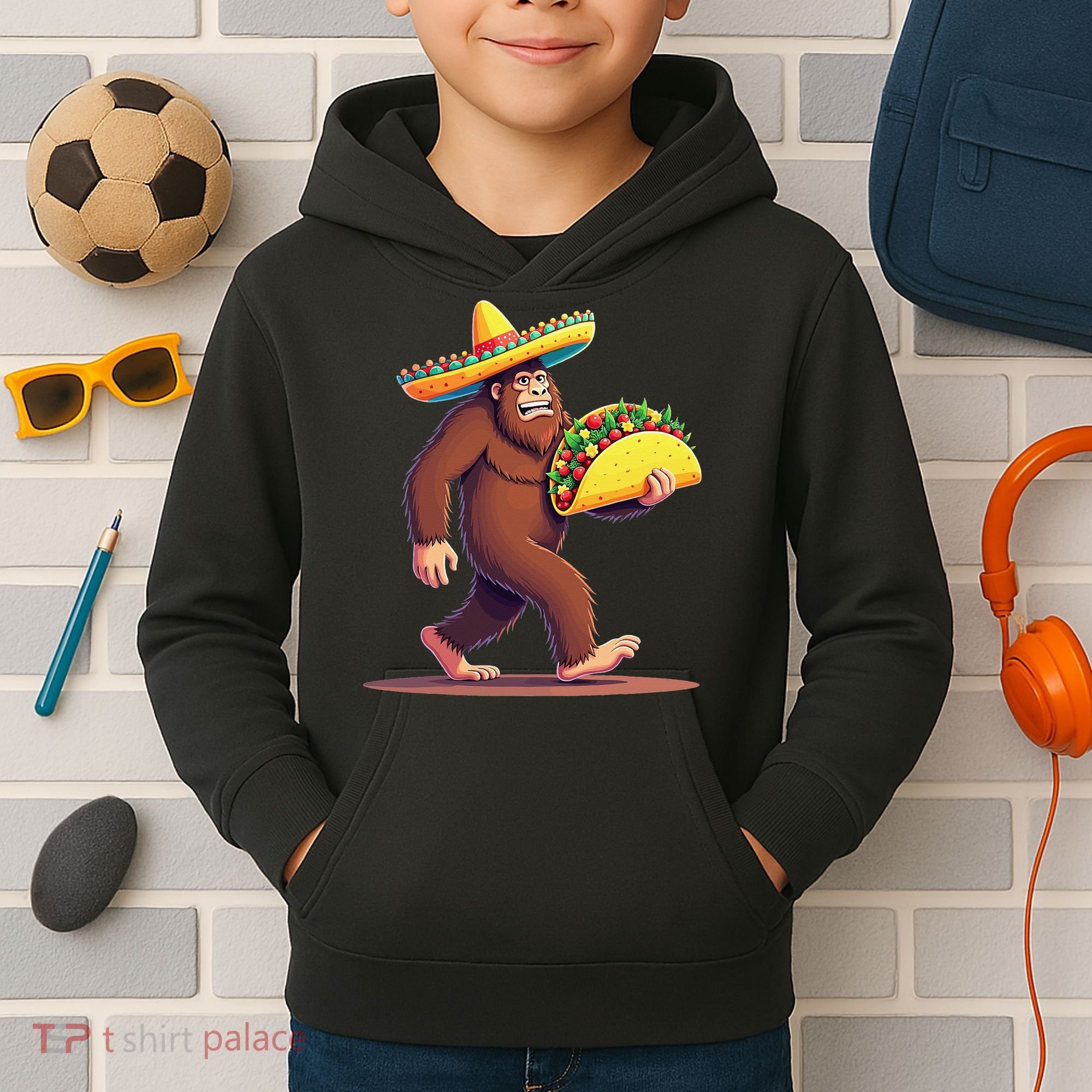 Bigfoot Carrying Taco Funny Cinco De Mayo Sombrero Kids Hoodie