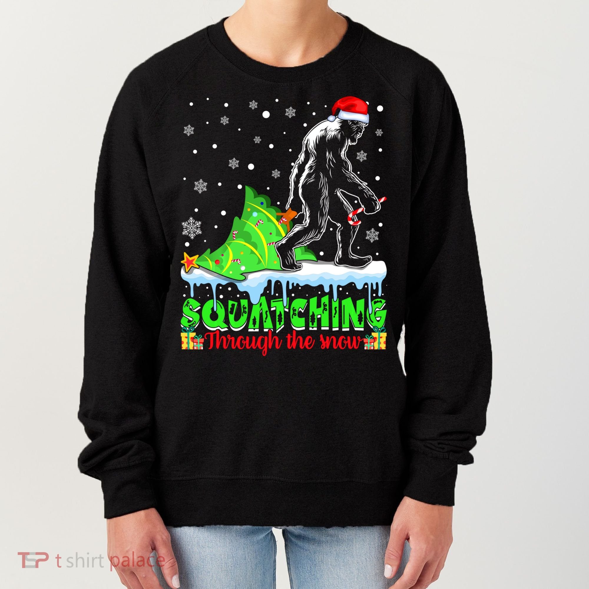 Bigfoot Christmas Tree Squatching Through The Snow Women's Sweatshirt