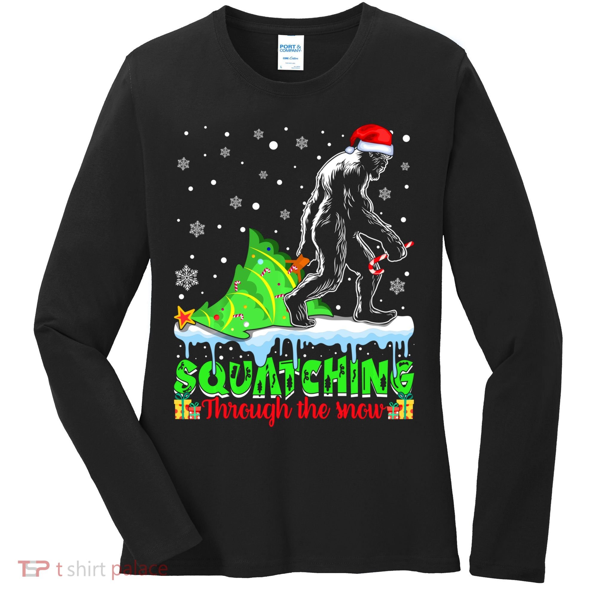 Bigfoot Christmas Tree Squatching Through The Snow Women's Long Sleeve Shirt