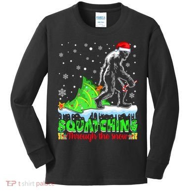 Bigfoot Christmas Tree Squatching Through The Snow Kids Long Sleeve Shirt