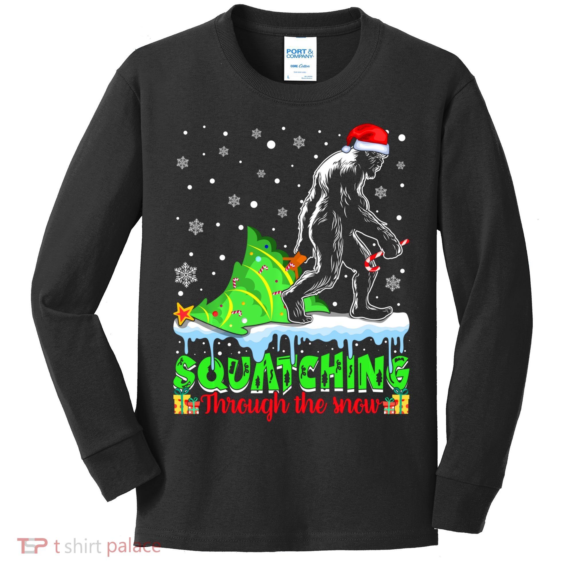 Bigfoot Christmas Tree Squatching Through The Snow Kids Long Sleeve Shirt