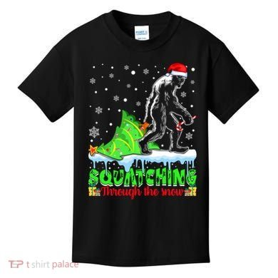 Bigfoot Christmas Tree Squatching Through The Snow Kids T-Shirt