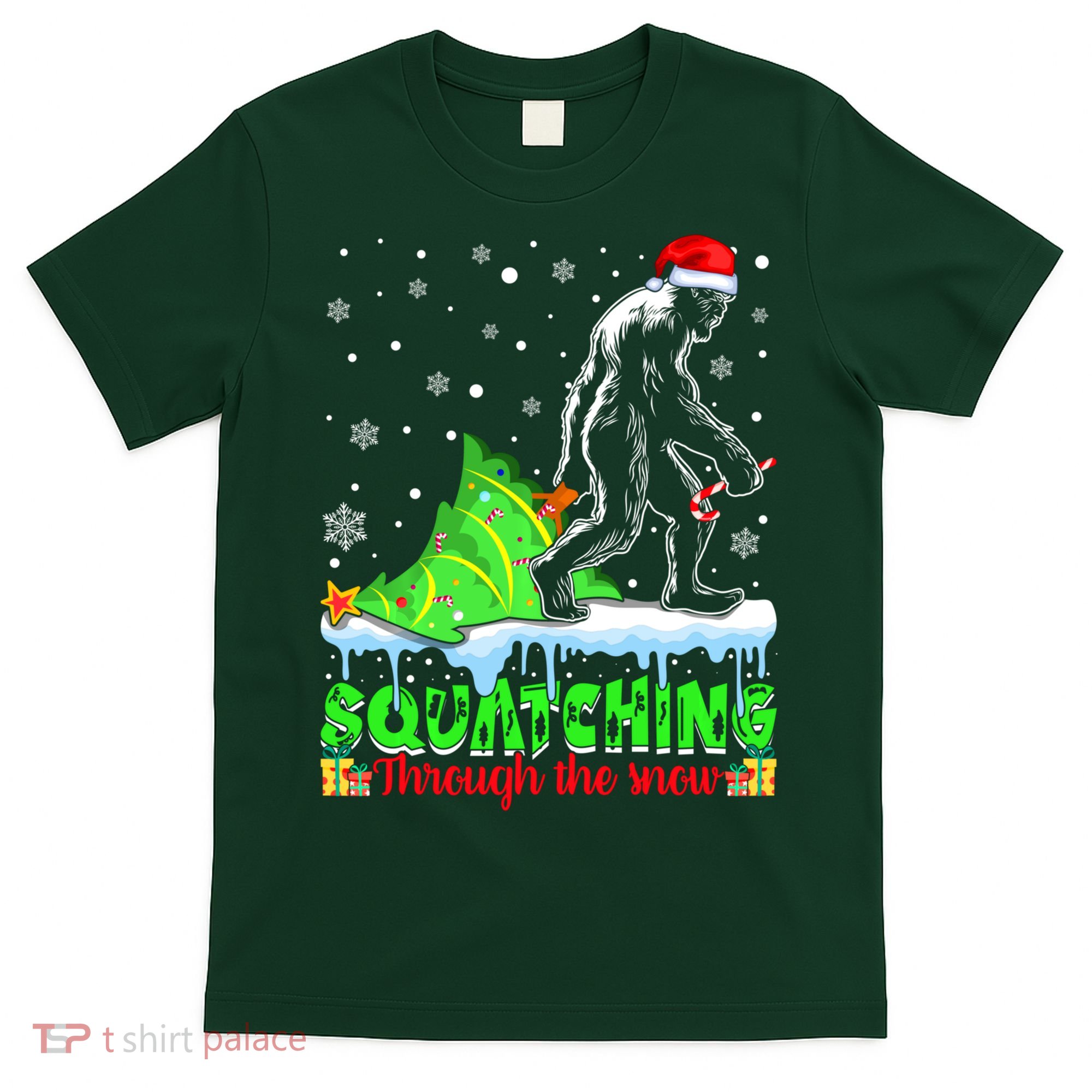Bigfoot Christmas Tree Squatching Through The Snow T-Shirt