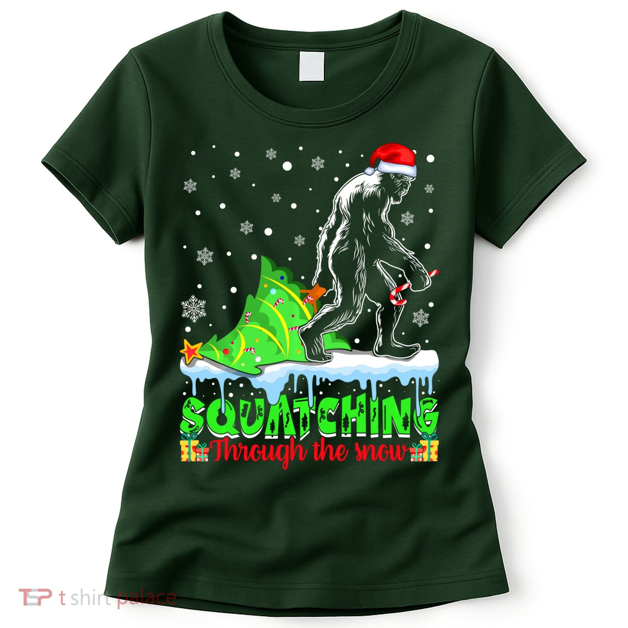 Bigfoot Christmas Tree Squatching Through The Snow Women's T-Shirt