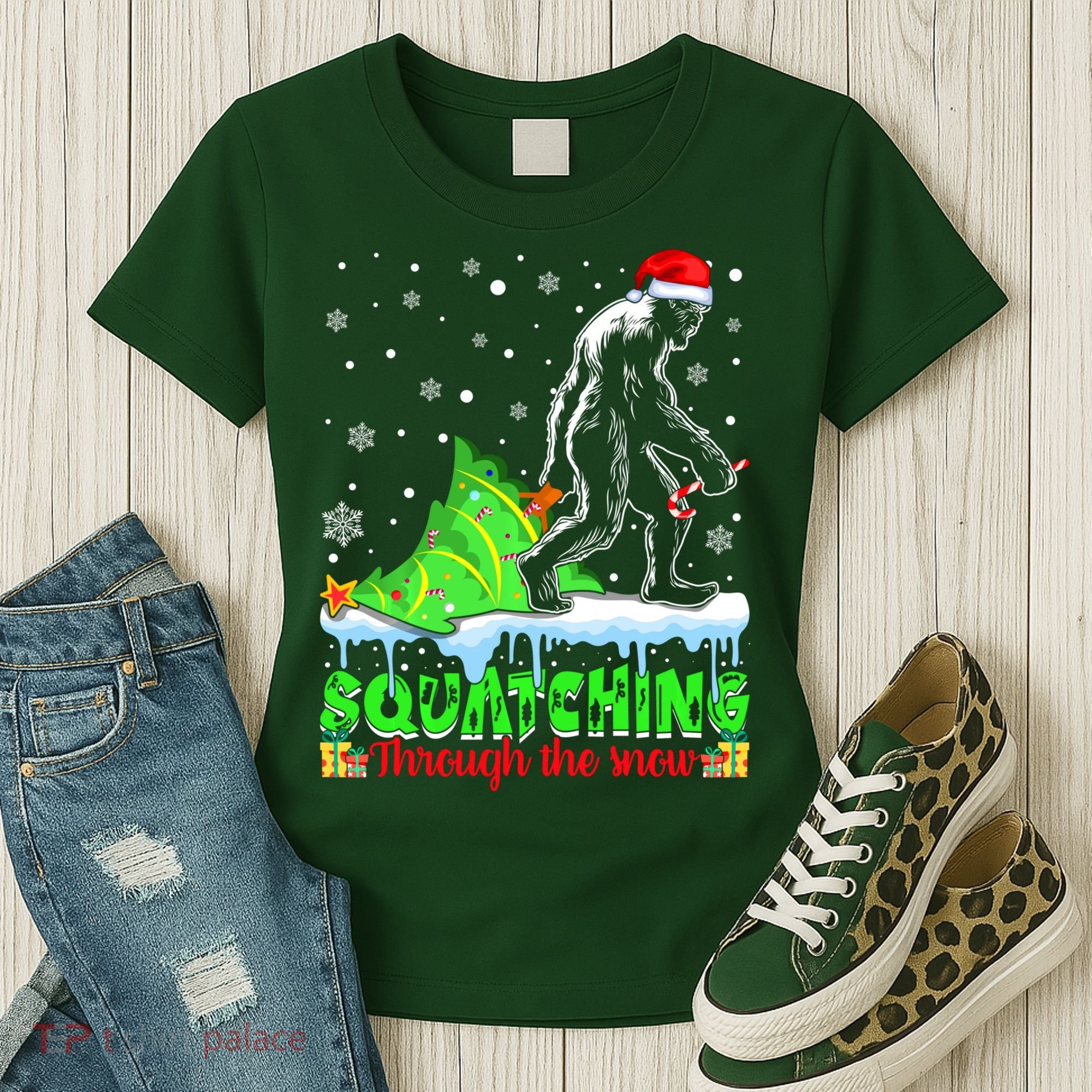 Bigfoot Christmas Tree Squatching Through The Snow Women's T-Shirt