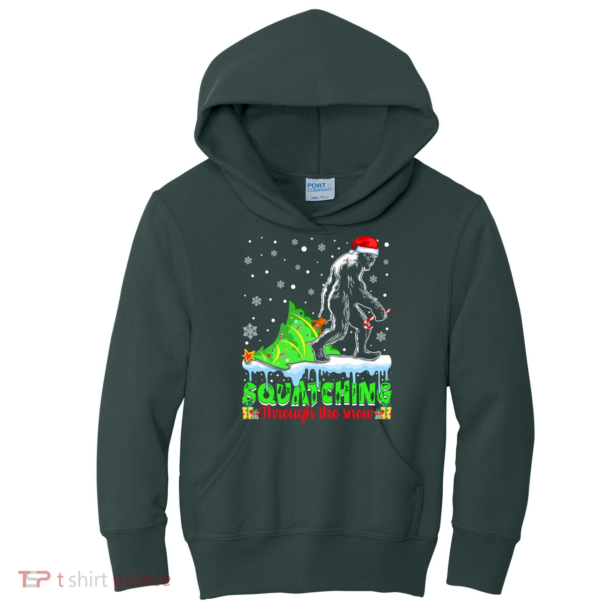 Bigfoot Christmas Tree Squatching Through The Snow Kids Hoodie