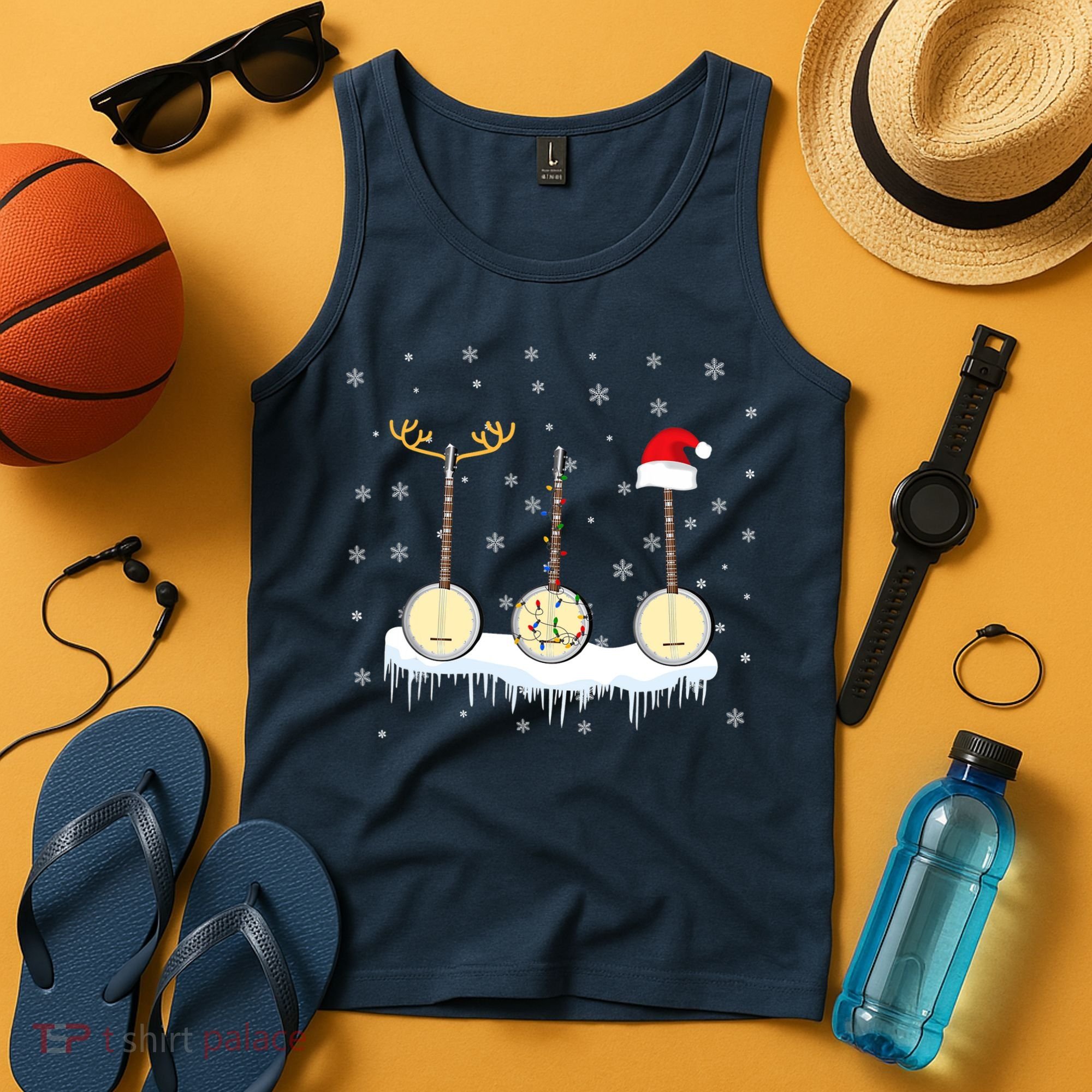Banjo Christmas Tree With Santa Hat Xmas Tank Top