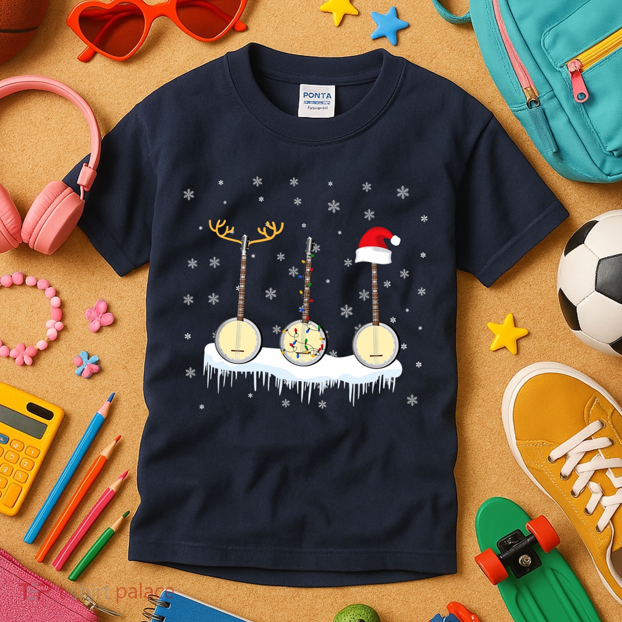Banjo Christmas Tree With Santa Hat Xmas Kids T-Shirt