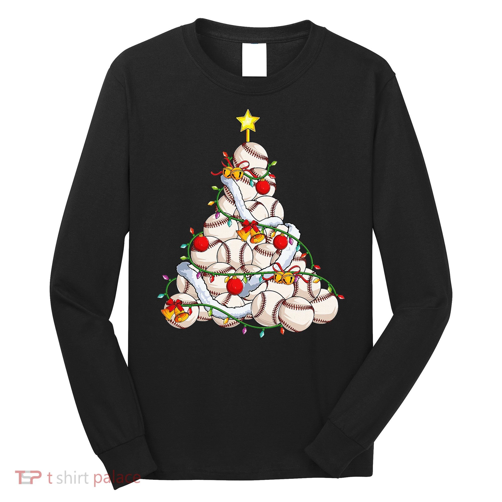 Baseball Christmas Tree Holiday PJs for Players & Coaches Long Sleeve Shirt