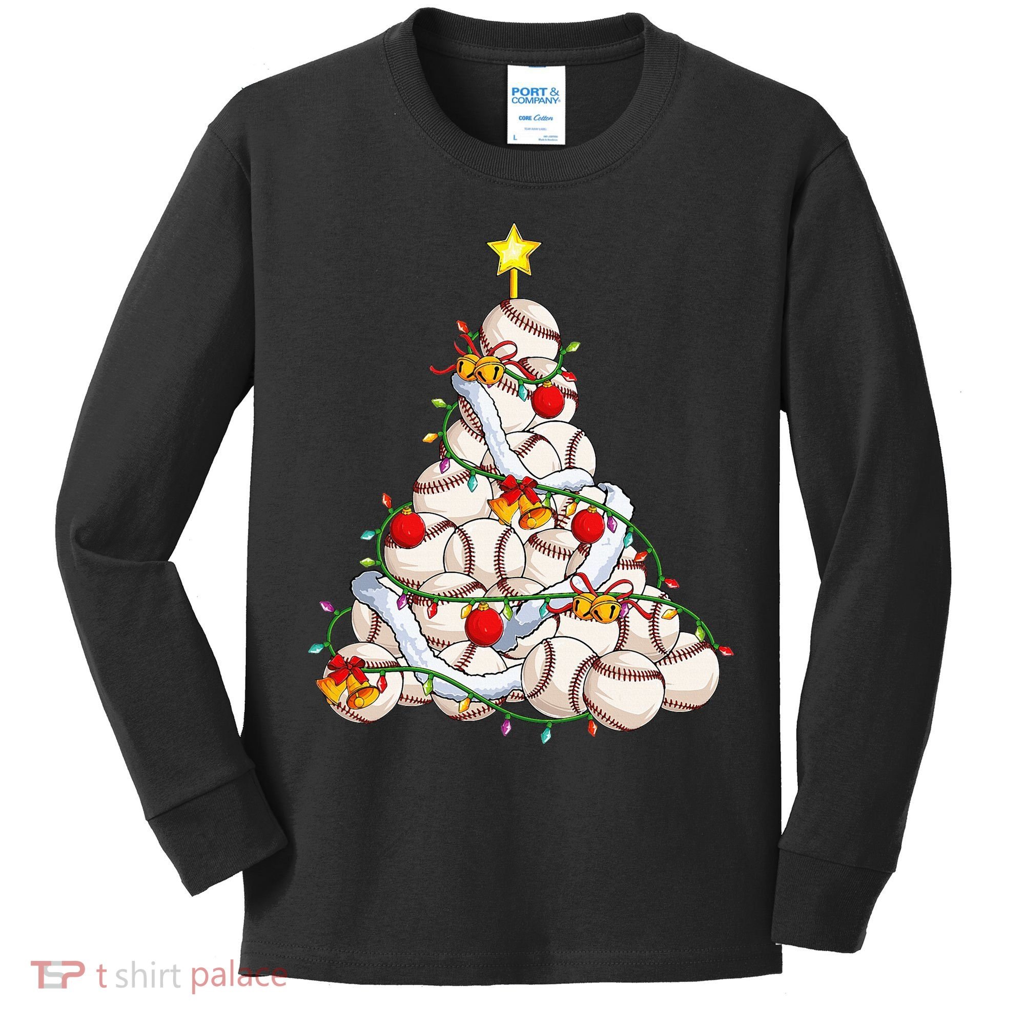 Baseball Christmas Tree Holiday PJs for Players & Coaches Kids Long Sleeve Shirt