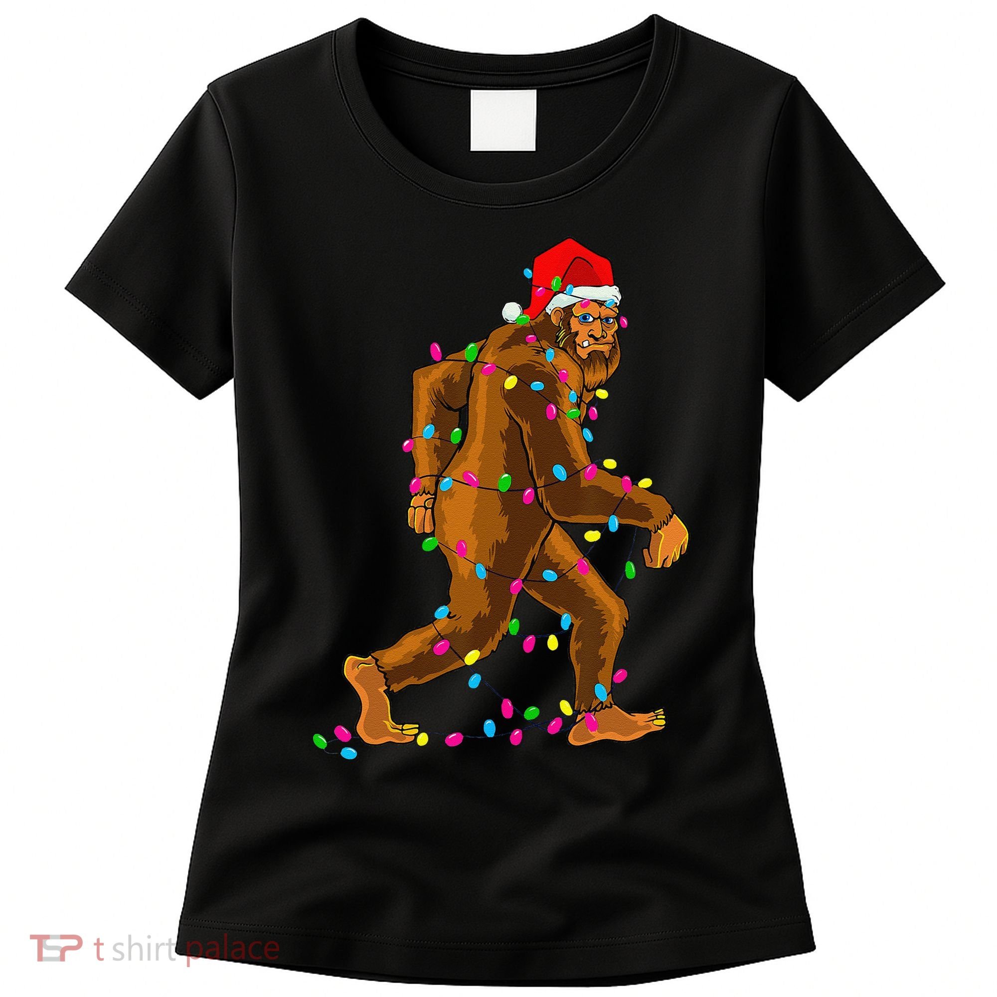 Bigfoot Christmas Tree Lights Xmas Funny Sasquatch Lovers Women's T-Shirt