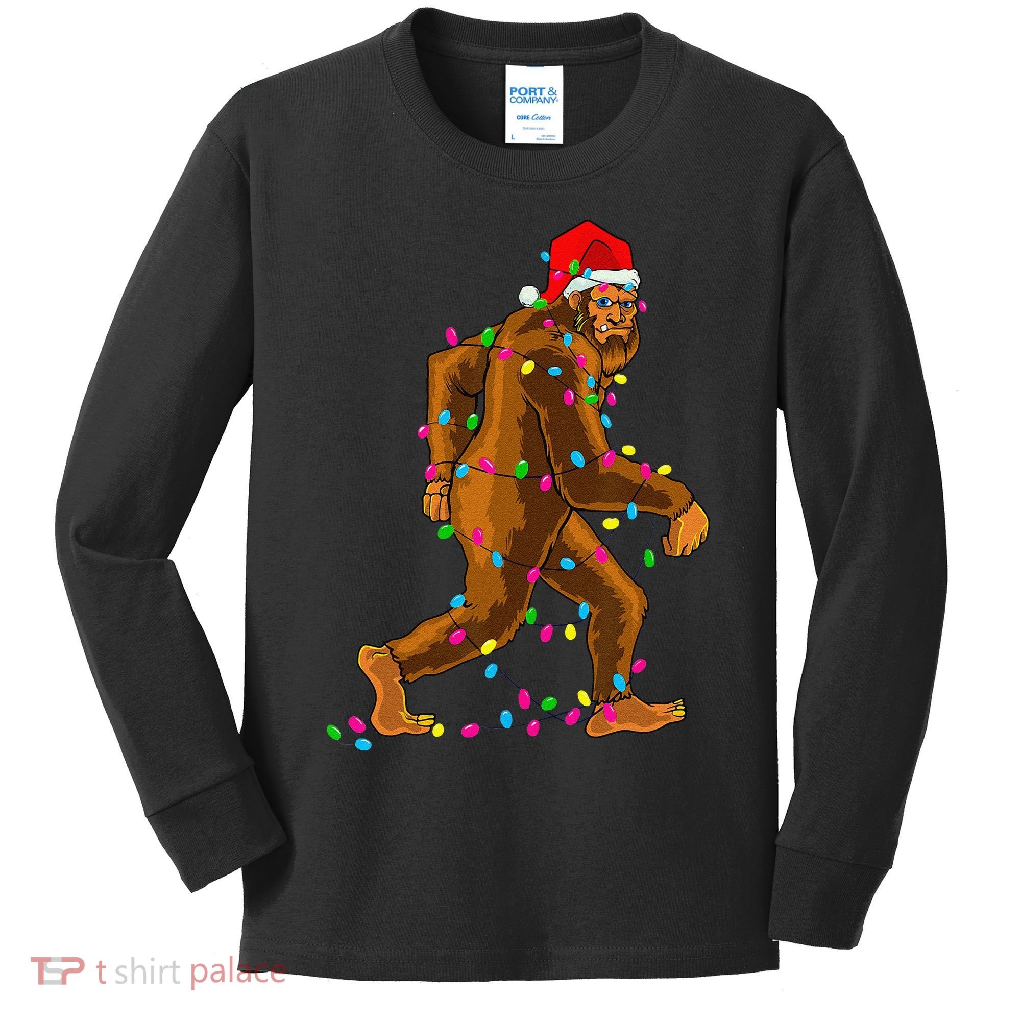 Bigfoot Christmas Tree Lights Xmas Funny Sasquatch Lovers Kids Long Sleeve Shirt