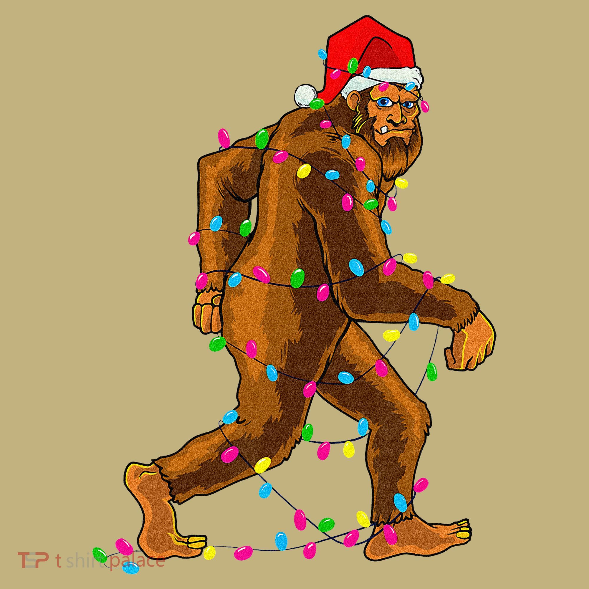 Bigfoot Christmas Tree Lights Xmas Funny Sasquatch Lovers Polo