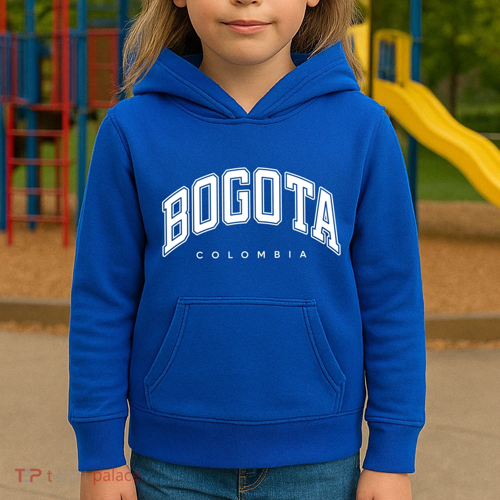 Bogota Colombia Varsity Style White Text Gift Kids Hoodie