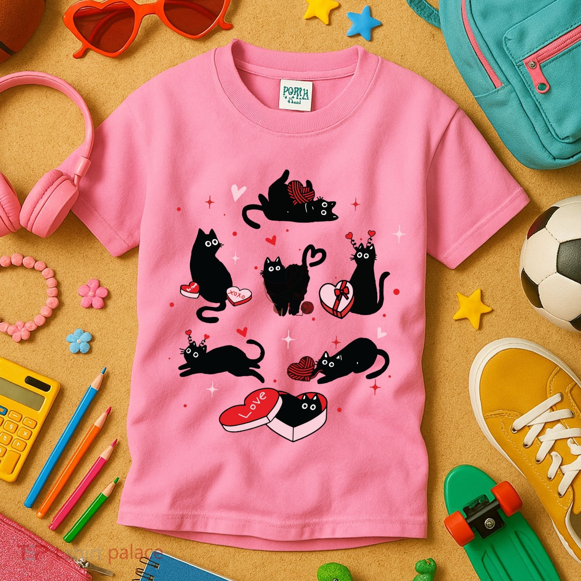 Black Cat Valentine Shirts Cat Valentines Day Cat Mom Valentines Kids T-Shirt
