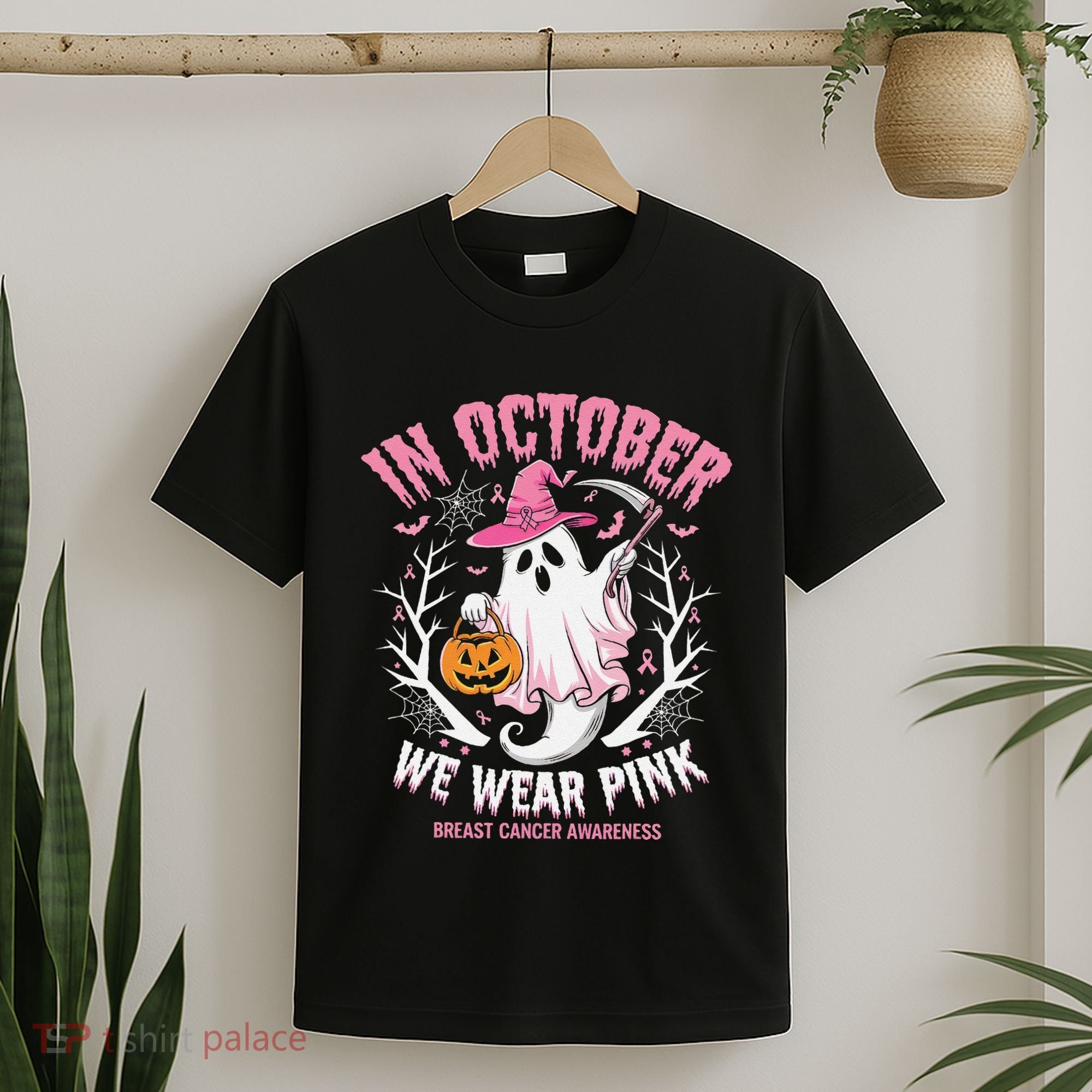 Breast Cancer Women Halloween Ghost In October We Wear Pin.K T-Shirt