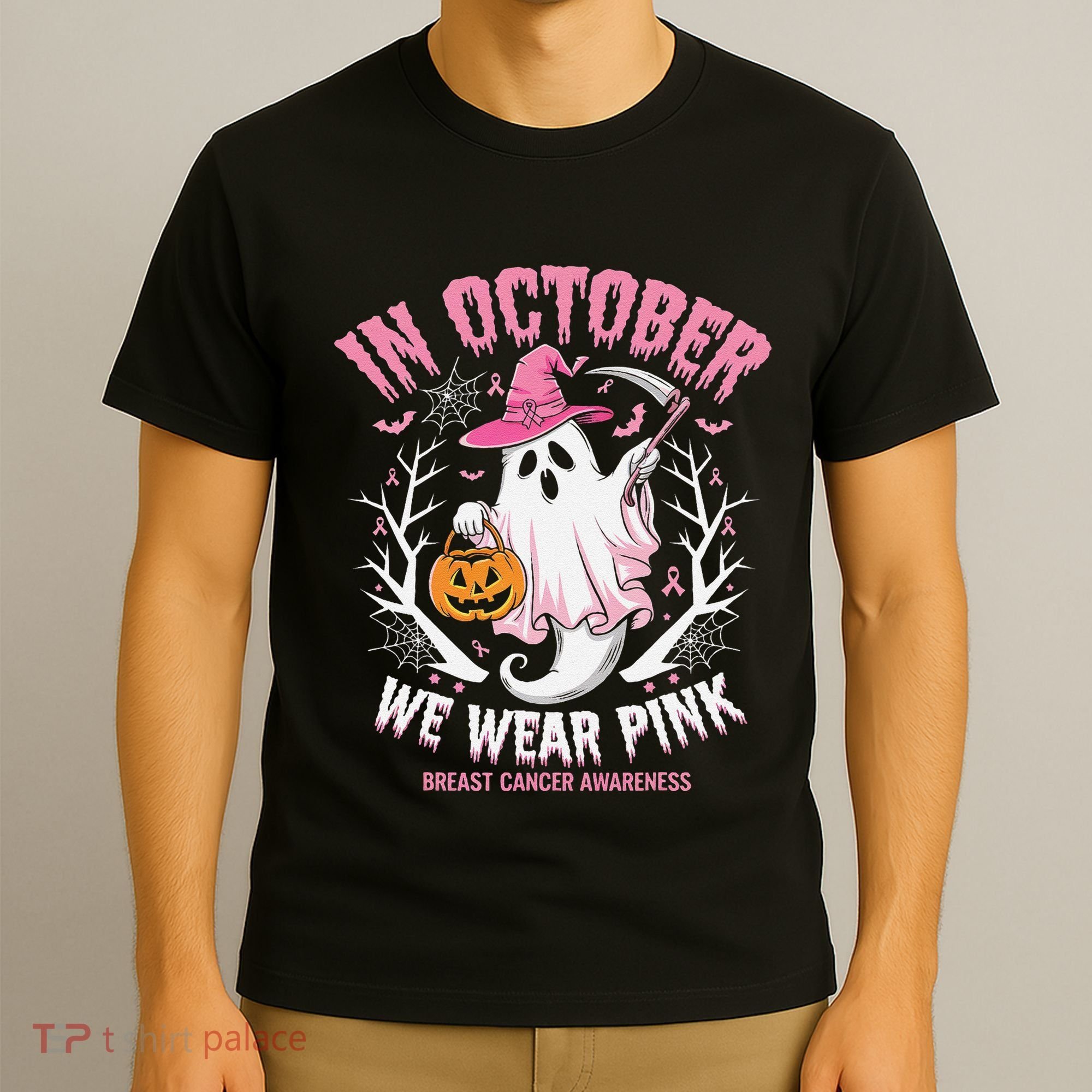 Breast Cancer Women Halloween Ghost In October We Wear Pin.K T-Shirt