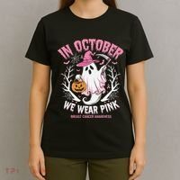 Breast Cancer Women Halloween Ghost In October We Wear Pin.K T-Shirt thumb 4
