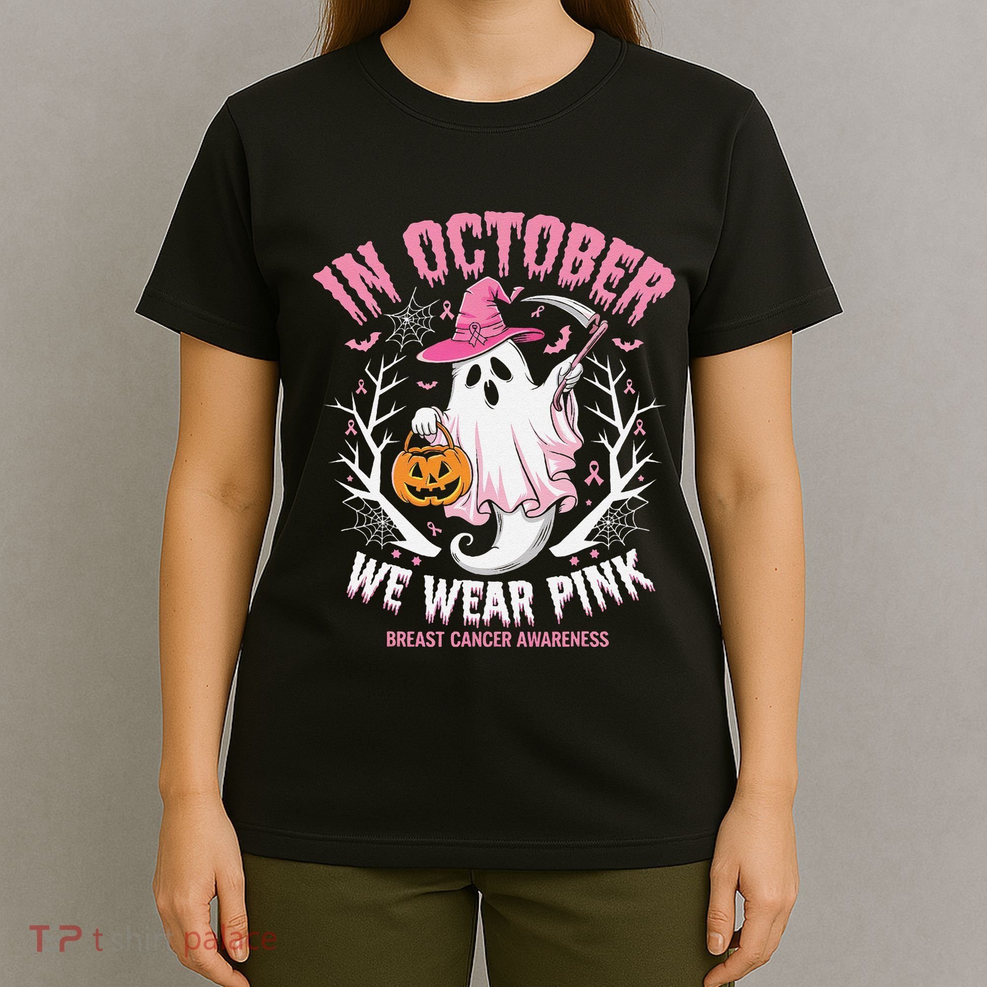 Breast Cancer Women Halloween Ghost In October We Wear Pin.K T-Shirt