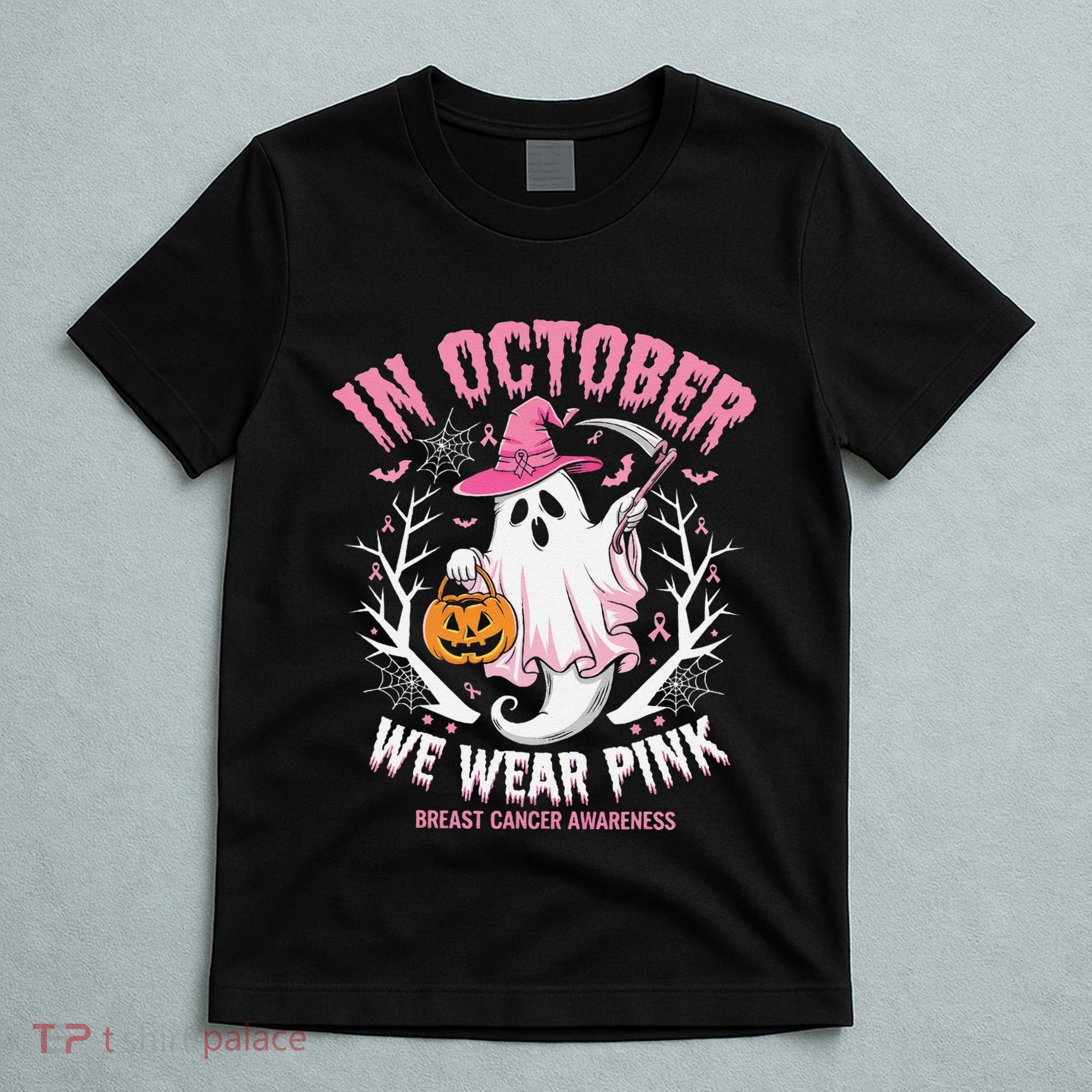 Breast Cancer Women Halloween Ghost In October We Wear Pin.K T-Shirt