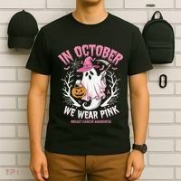 Breast Cancer Women Halloween Ghost In October We Wear Pin.K T-Shirt thumb 6