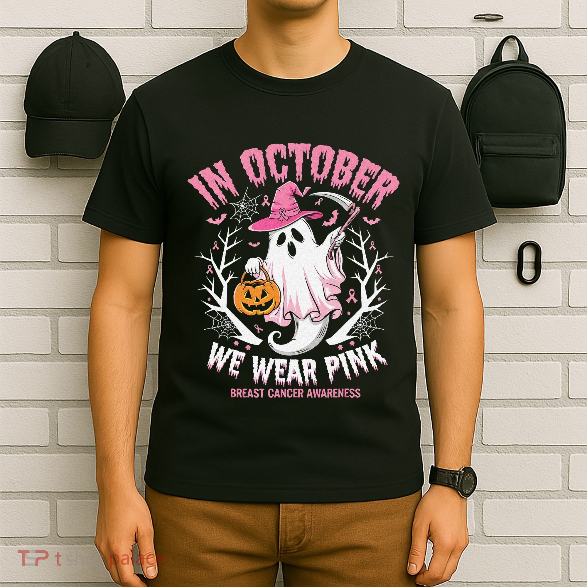Breast Cancer Women Halloween Ghost In October We Wear Pin.K T-Shirt