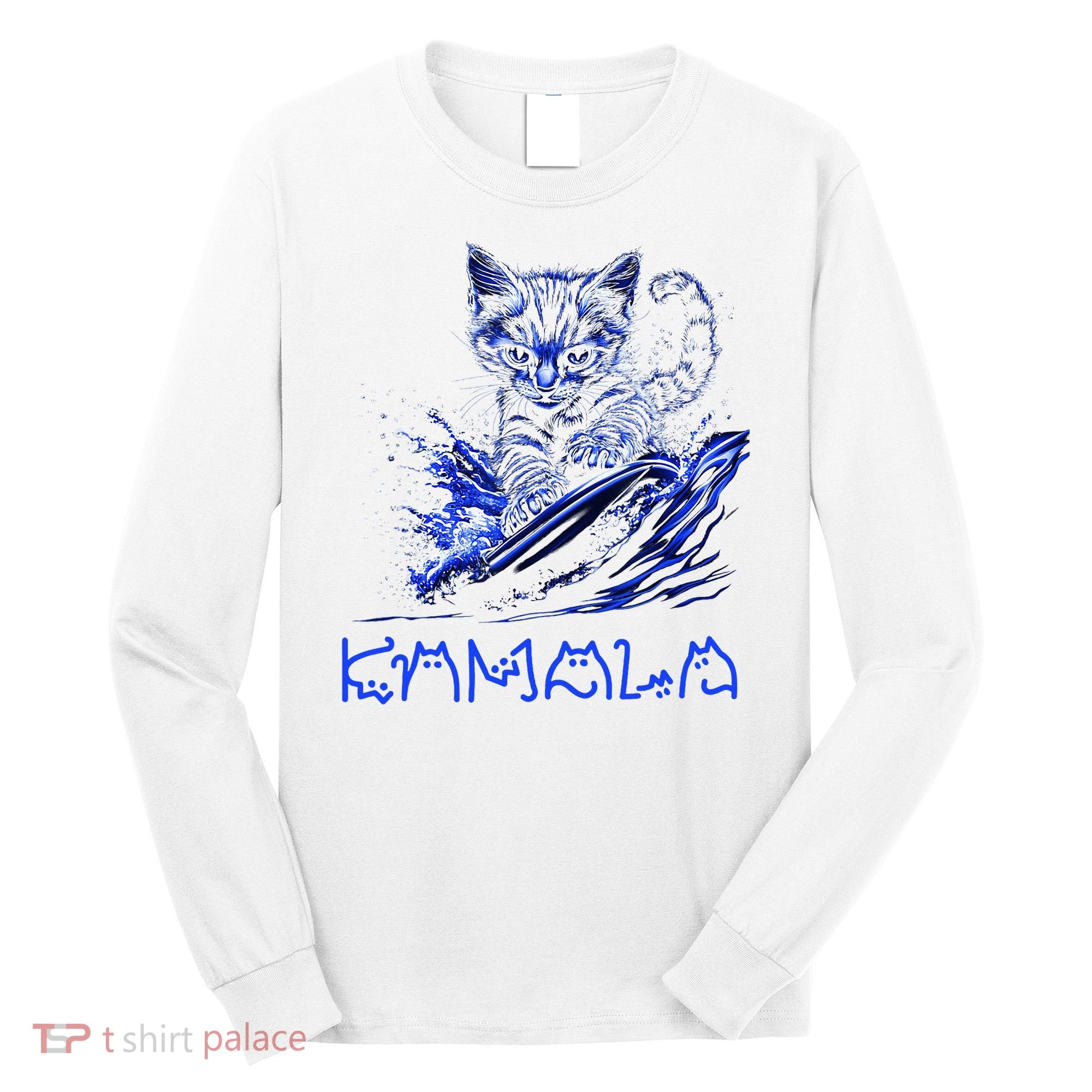 Blue Cats Wave For Kamala Funny Kamala Harris Cat Ladies Long Sleeve Shirt