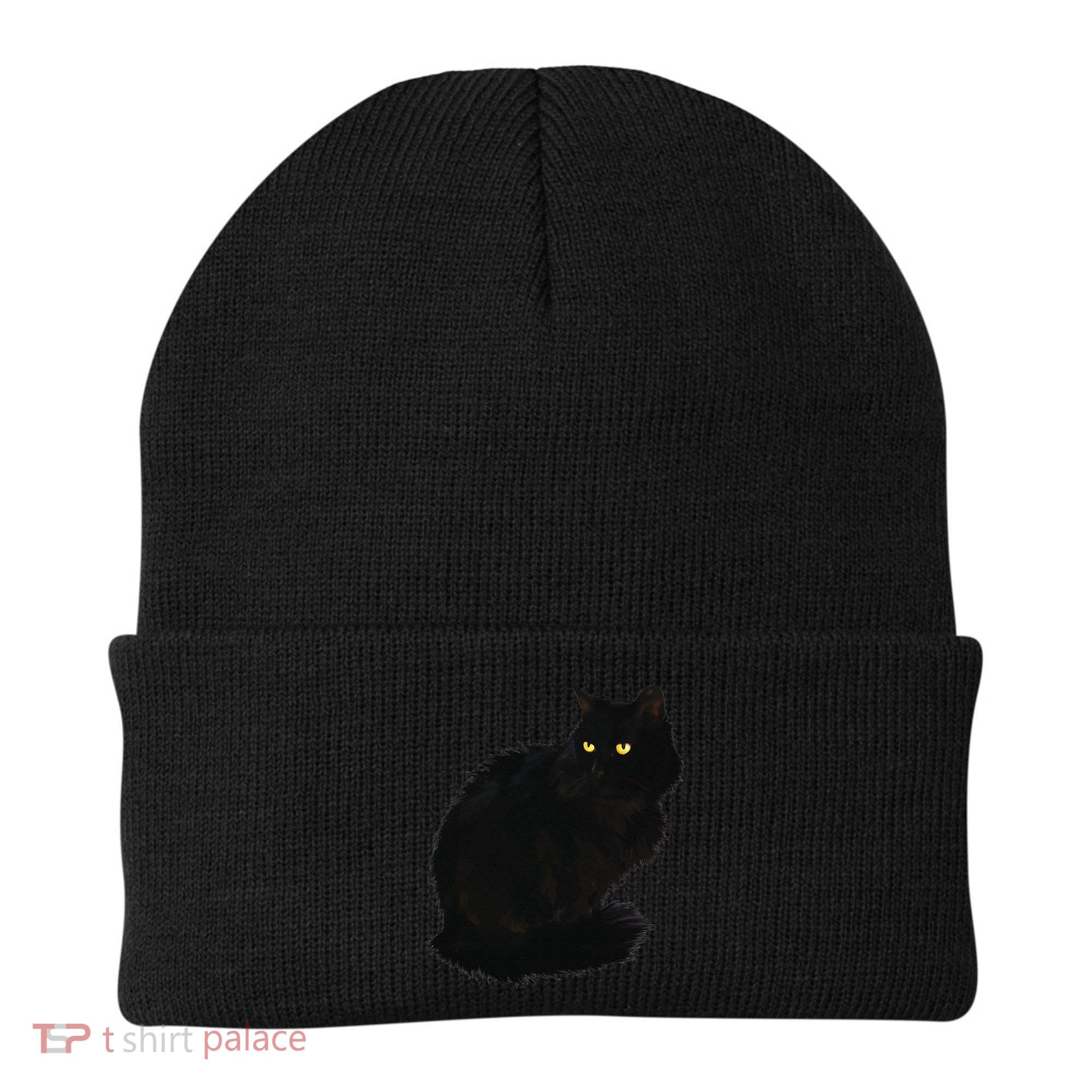 Black Cat Women Spooky Yellow Eyes Halloween Cat Beanie