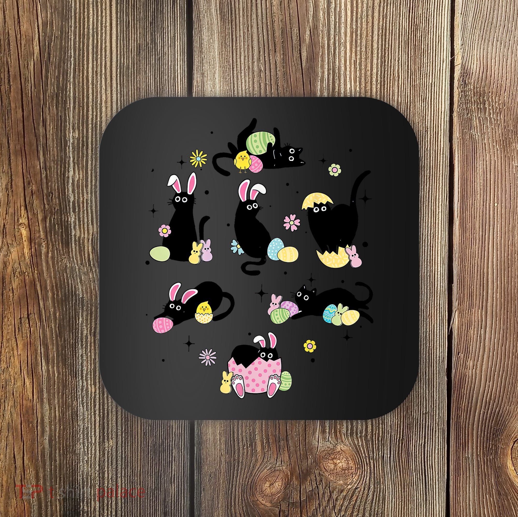 Black Cat With Bunny Eggs Happy Easter Day Matching Coaster