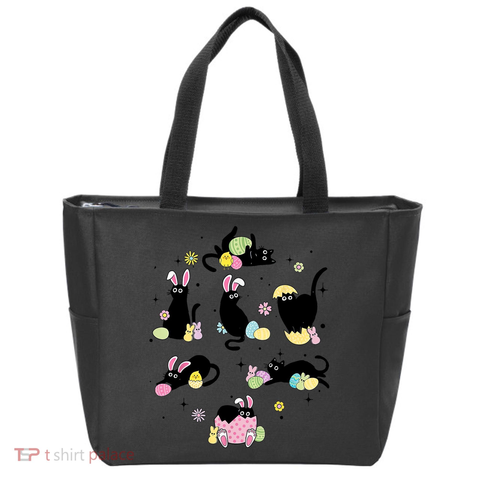 Black Cat With Bunny Eggs Happy Easter Day Matching Tote Bag