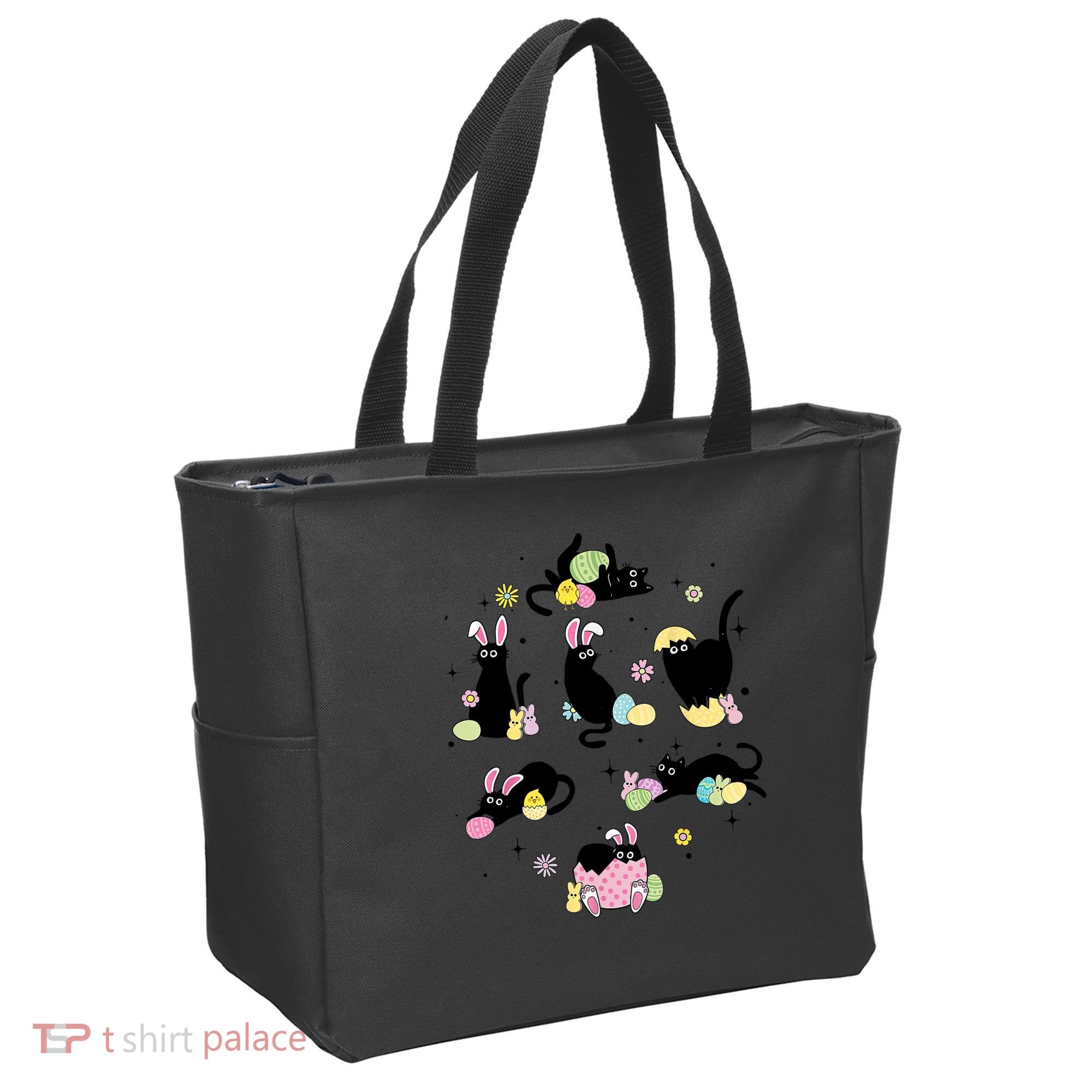 Black Cat With Bunny Eggs Happy Easter Day Matching Tote Bag