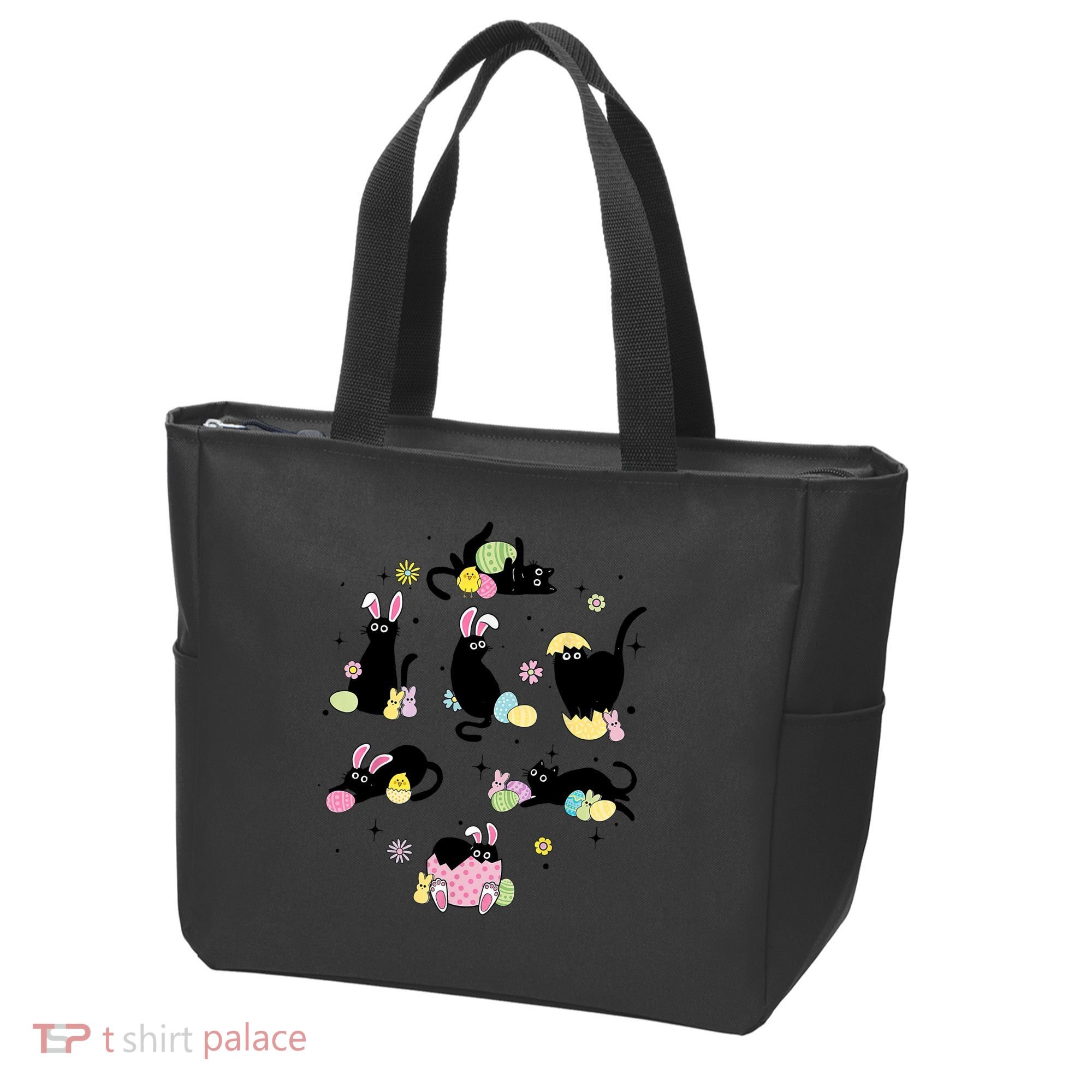 Black Cat With Bunny Eggs Happy Easter Day Matching Tote Bag