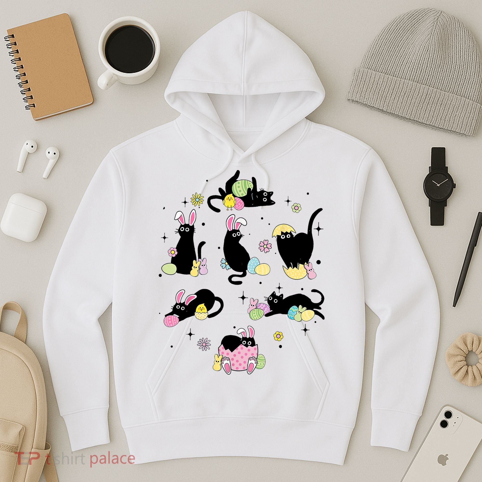Black Cat With Bunny Eggs Happy Easter Day Matching Hoodie