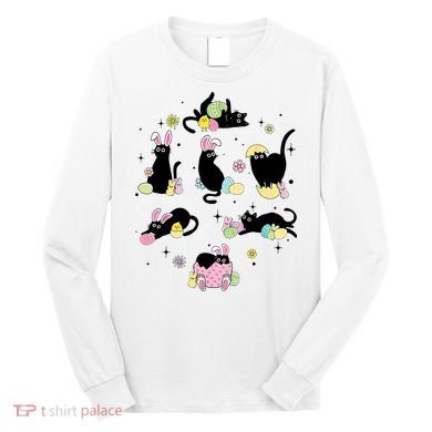 Black Cat With Bunny Eggs Happy Easter Day Matching Long Sleeve Shirt