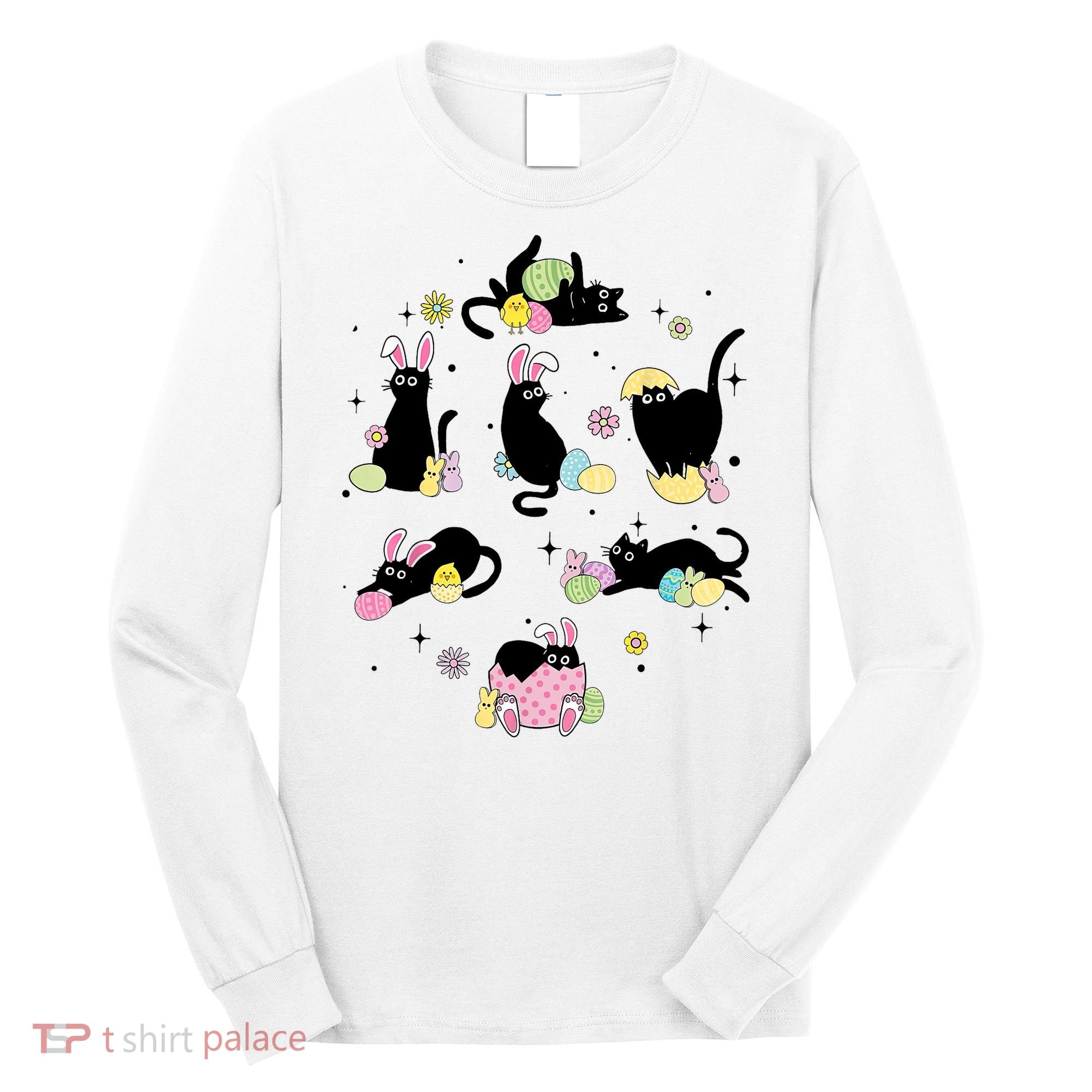 Black Cat With Bunny Eggs Happy Easter Day Matching Long Sleeve Shirt