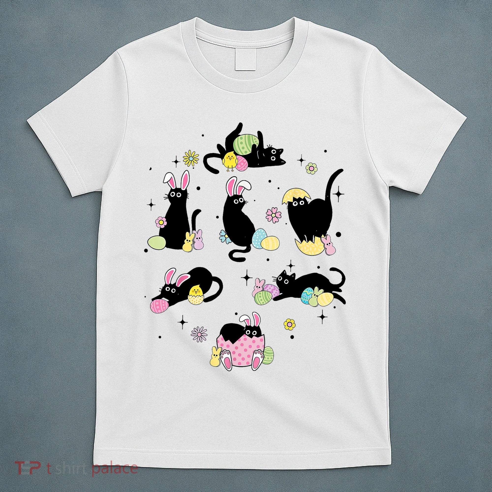 Black Cat With Bunny Eggs Happy Easter Day Matching T-Shirt