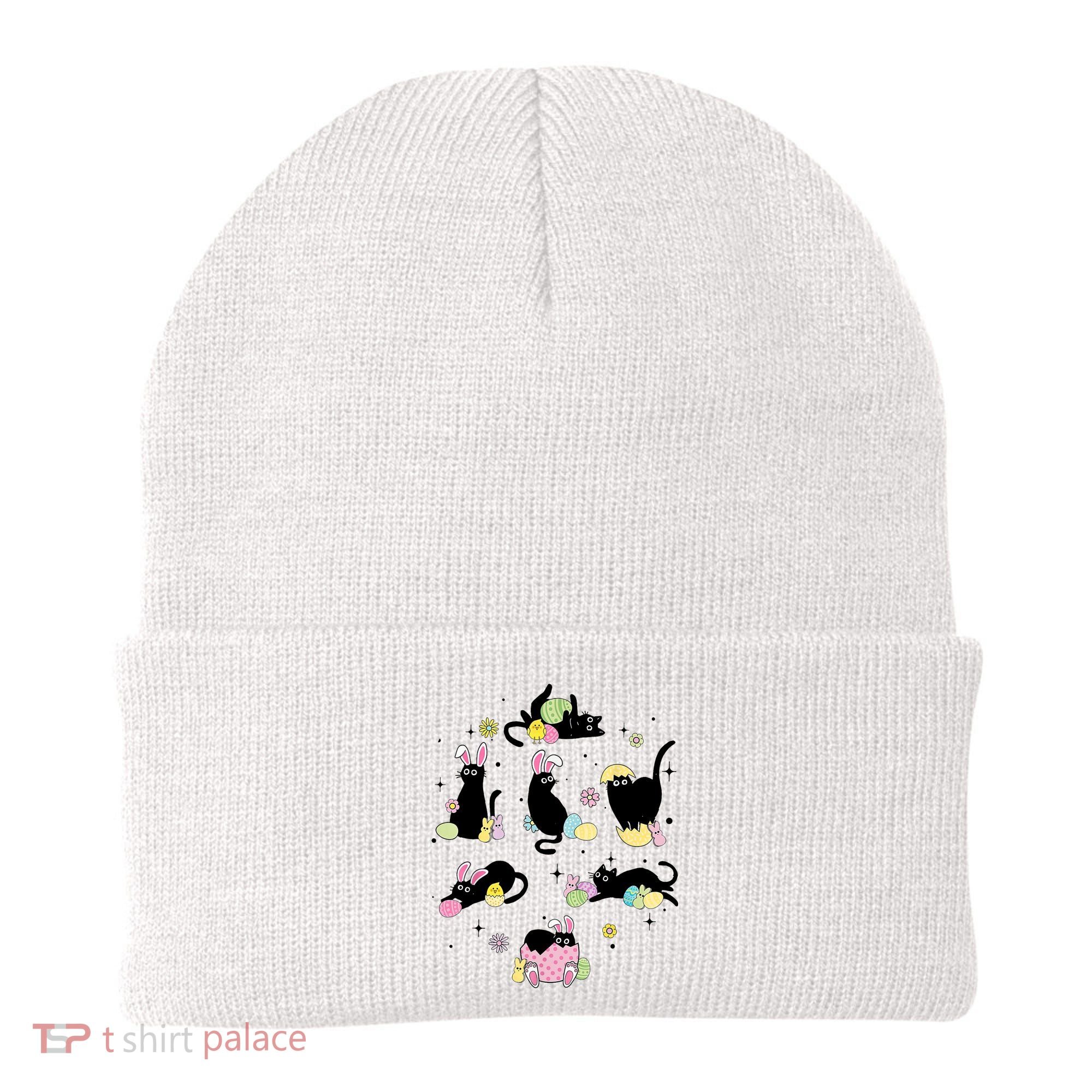 Black Cat With Bunny Eggs Happy Easter Day Matching Beanie