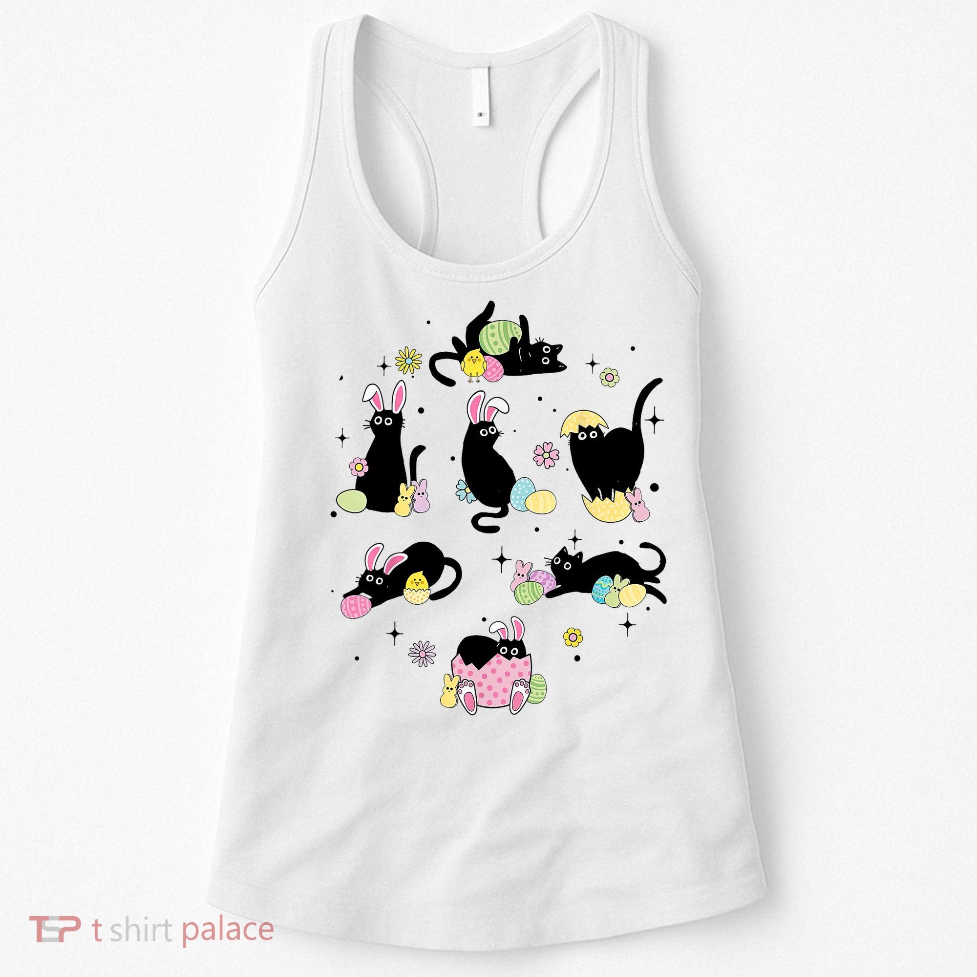 Black Cat With Bunny Eggs Happy Easter Day Matching Women's Tank Top