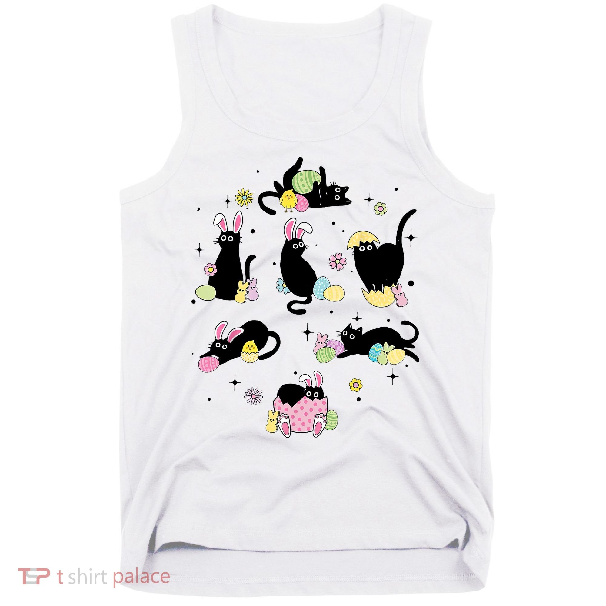 Black Cat With Bunny Eggs Happy Easter Day Matching Tank Top