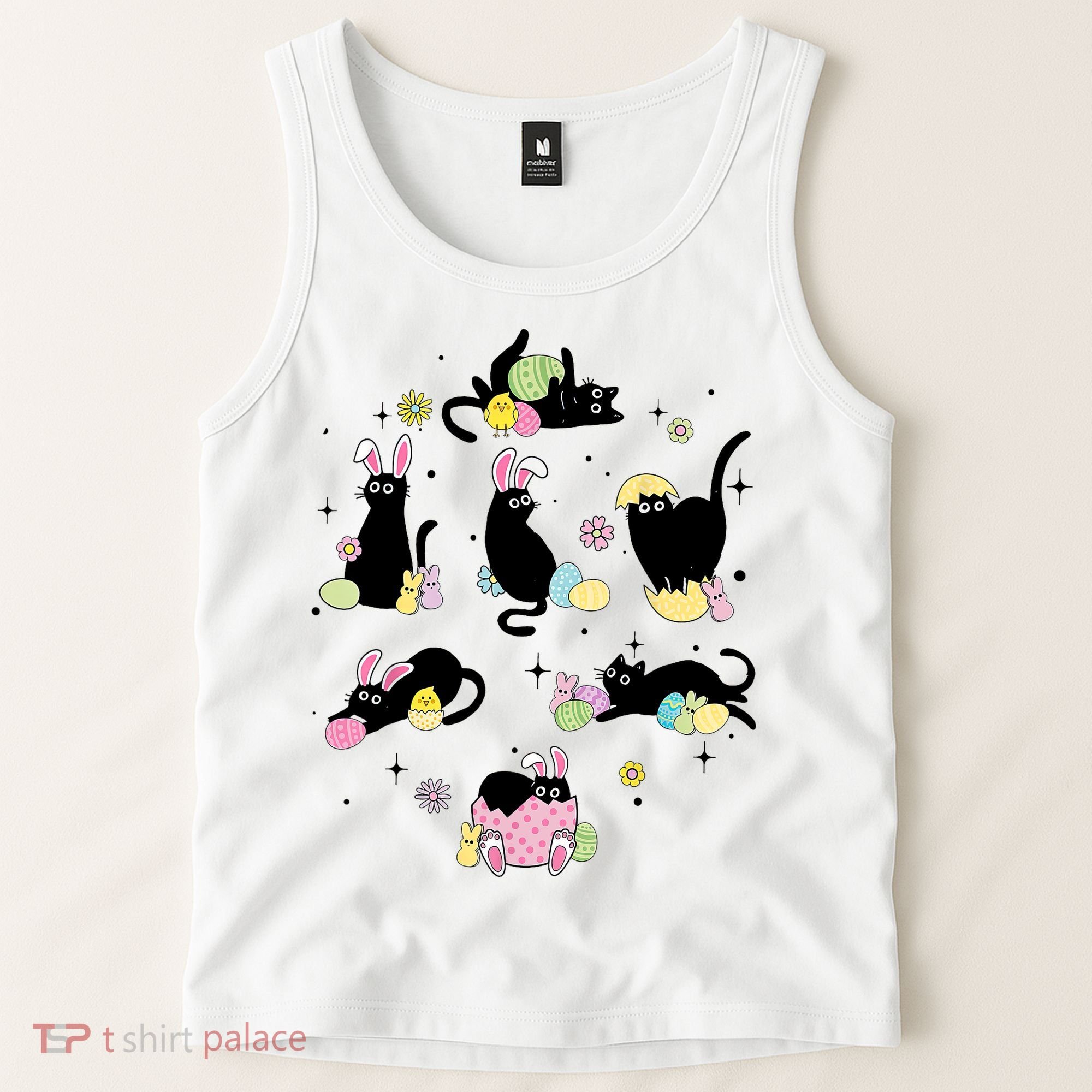 Black Cat With Bunny Eggs Happy Easter Day Matching Tank Top