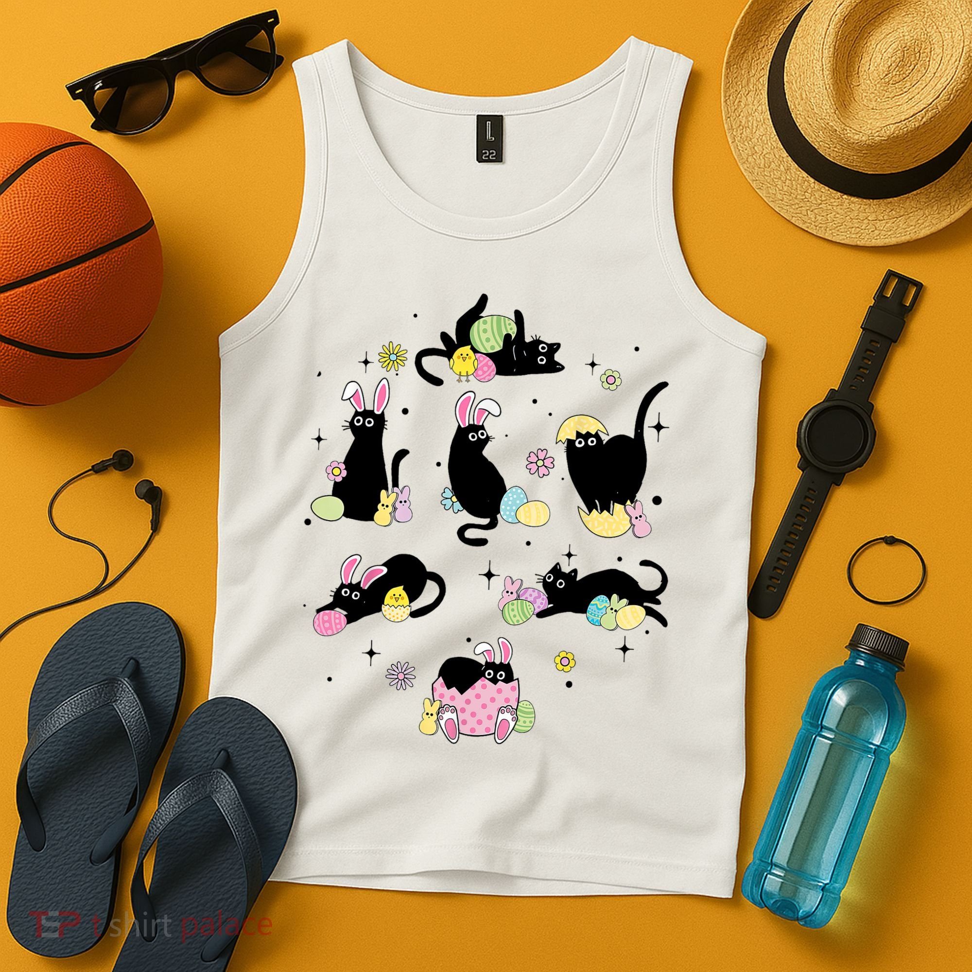 Black Cat With Bunny Eggs Happy Easter Day Matching Tank Top