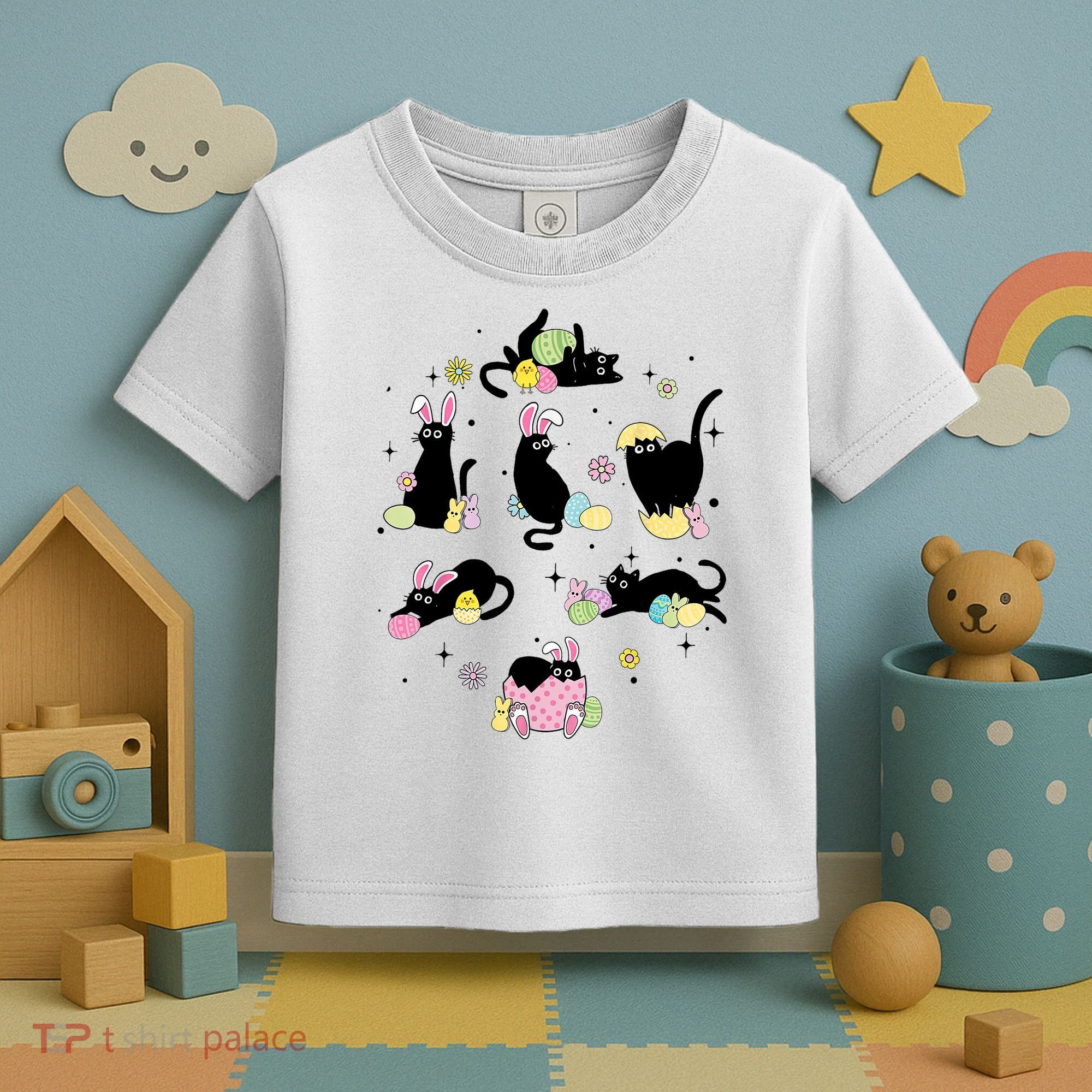 Black Cat With Bunny Eggs Happy Easter Day Matching Toddler T-Shirt