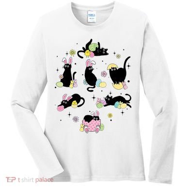 Black Cat With Bunny Eggs Happy Easter Day Matching Women's Long Sleeve Shirt