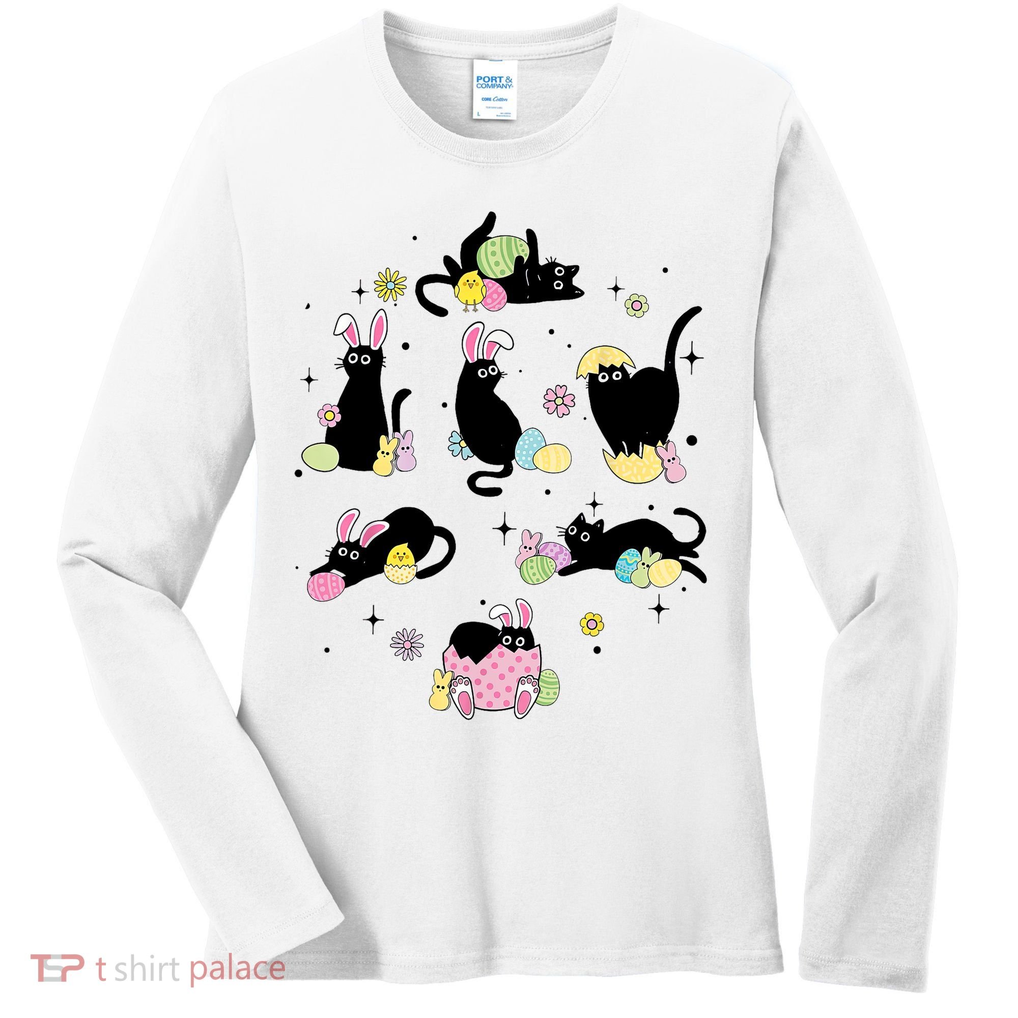 Black Cat With Bunny Eggs Happy Easter Day Matching Women's Long Sleeve Shirt