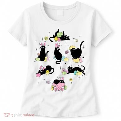 Black Cat With Bunny Eggs Happy Easter Day Matching Women's T-Shirt